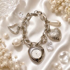 Silver Tone Heart Charm Watch Bracelet with Faux Pearls